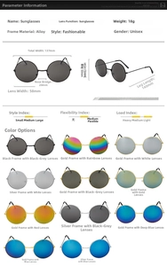 Detailed size parameters and color options for round vintage metal frame sunglasses