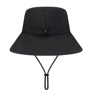 Waterproof quick-dry black bucket hat for women featuring reflective details and chin strap