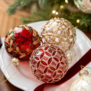 8cm hand-painted glass Christmas ball ornaments with gold beads and floral embroidery