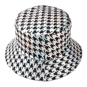 Colorful houndstooth holographic bucket hat with reflective laser finish for streetwear