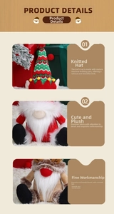 Detailed view of knitted hats, plush white beards, and reindeer antlers on Christmas gnomes