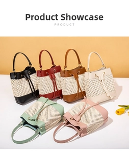 Close-up of woven bucket bags in six vibrant colors with faux leather trim and drawstring