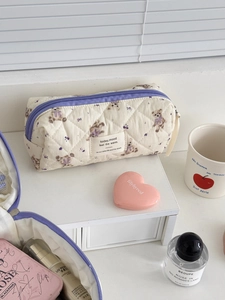 Quilted cotton purple bear floral cosmetic bag for travel and storage in cute aesthetic