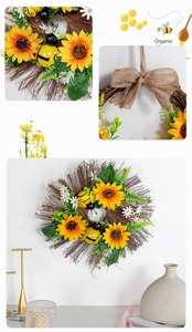 Detail shot of rustic bee festival wreath with sunflowers, daisies, and a burlap bow hanger