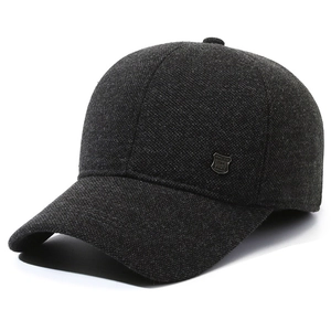 Men's wool blend winter baseball cap in dark grey with warm ear flaps and metal detail