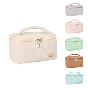 Quilted PU Leather Makeup Bag Large Capacity Portable Handheld Toiletry Storage Pouch For Women Travel Daily