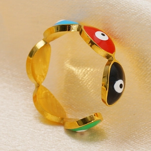 Adjustable 18K gold-plated stainless steel ring with colorful enamel evil eye charms