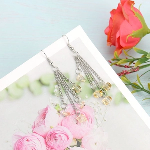 Detail view of silver tassel earrings with yellow crystal beads on a floral display card