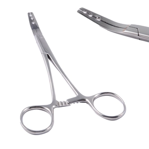 Close-up of stainless steel piercing forceps with locking mechanism and precision tip detail
