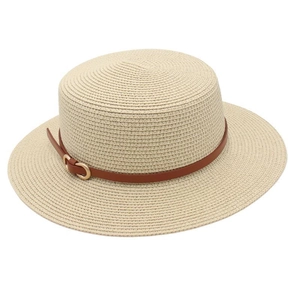 Detail of flat top straw sun hat featuring a brown leather belt with golden buckle