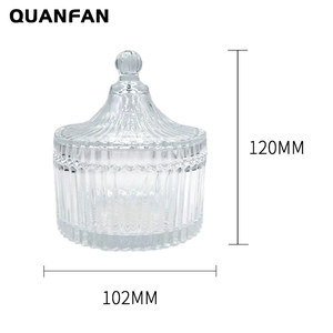 Vertical striped glass storage jar with lid showing 120mm height and 102mm width dimensions