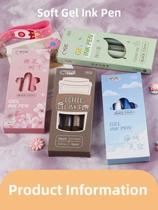 Close-up of 4-pack soft grip 0.5mm black ink retractable gel pens in floral packaging