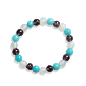 Vue de dessus du bracelet en perles de pierre naturelle 8mm aux textures bleu blanc violet