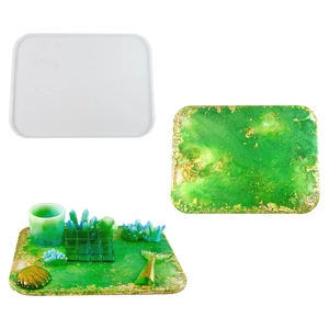 Molde de silicona rectangular grande para resina con bandeja de oro verde y dijes variados