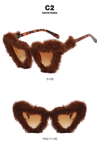 Front and side views of heart-shaped sunglasses with brown faux fur and leopard temples