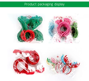Bulk packaging display of assorted Christmas headbands with reindeer antlers and santa motifs
