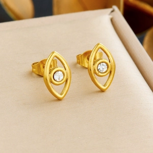 Gold plated evil eye stud earrings with sparkling crystal centers in a gift box