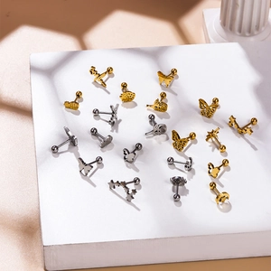 Set of 16 stainless steel cartilage studs in butterfly star moon and fruit shapes