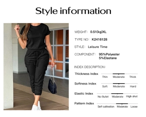 Detailed size guide and material specs for black short sleeve leisure jumpsuit
