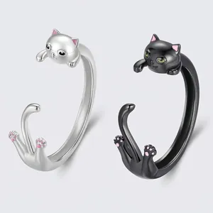 Anello Aperto a Gatto in Argento Sterling 925 Regolabile Anello da Dito Animale Gioielli per Donna Placcato Nero Argento