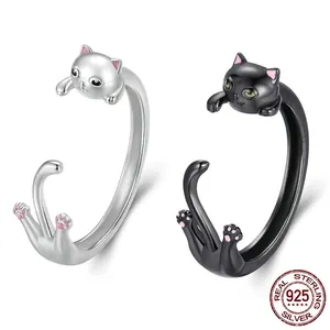 925 Sterling Silver Cute Cat Open Ring Adjustable Animal Finger Ring Jewelry For Women Black Silver Plated Jewelry Gift