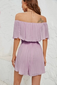 Rear view of lavender off-shoulder pleated romper with waist belt in chiffon fabric