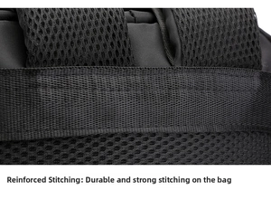Detail of reinforced stitching and breathable honeycomb mesh on the black backpack straps