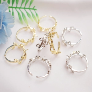 14K gold plated heart shaped adjustable ring base with needle for DIY pearl settings
