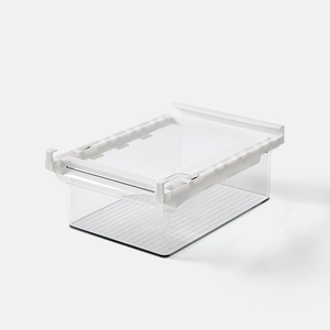 Hanging drawer refrigerator organizer with transparent plastic body and white rails