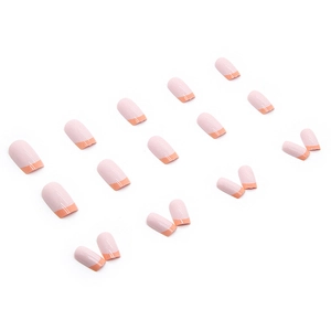 French tip press on nails in milky pink and orange color with a glossy square finish