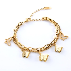 Double-layered golden stainless steel bracelet with matte and hollow butterfly charms