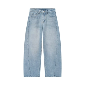 Jeans azzurri a gamba larga a vita media in denim lavato con stile a cinque tasche
