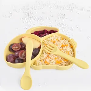 Car-shaped yellow silicone baby plate set with suction base and matching fork and spoon