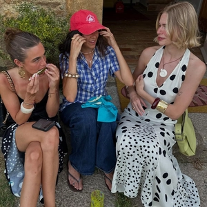 Chic summer lifestyle scene with polka dot dress, casual accessories, and trendy handbags