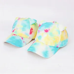 Kinder Tie-Dye Baseballkappe mit 3D Katzenohren und Makronenfarben Herz-Stickerei