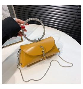 Macro detail of yellow jelly handbag featuring crystal ring handle and silver chain