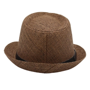 Close-up of the woven straw texture and black leather belt on a dark brown fedora hat