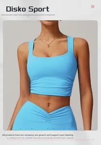Close-up of sky blue sports bra with ruched details and v-cut high waist leggings