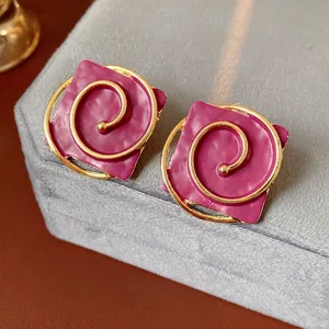 Vintage berry purple square enamel earrings with golden spiral metal accents