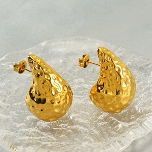 18K gold plated stainless steel teardrop earrings with hammered texture and polished finish