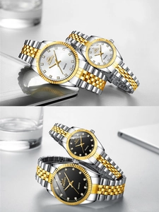 Detail of CHENXI couple quartz watch with fluted bezel and gold-tone stainless steel band