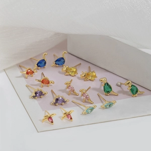 Colorful 18K gold plated cartoon dinosaur stud earrings set with crystal inlay