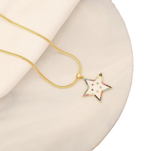 Handmade stainless steel star necklace with green natural stones and white enamel pendant