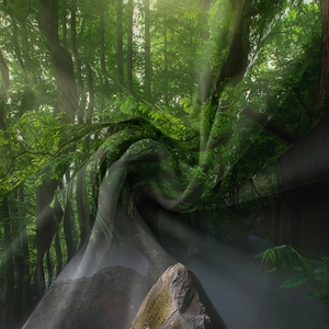 Detailed view of lightweight tapestry fabric with realistic green forest nature print
