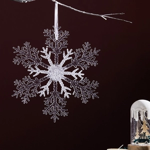 Large transparent acrylic snowflake ornament with white ribbon for Christmas ceiling decor