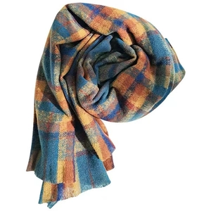 Classic blue, orange, and yellow plaid scarf in a soft woven wool blend material