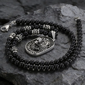 Collier Pendentif Relief Tête De Lion Rétro Homme Chaîne À Billes Acier Titane Hip Hop Bijoux Streetwear
