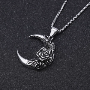 Gothic crescent moon and rose pendant in vintage silver finish for street punk style