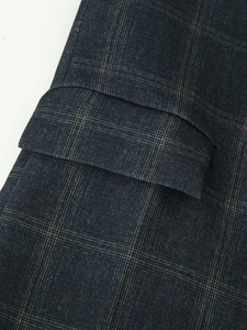 Detailed close-up of dark grey plaid blazer fabric texture and flap pocket design