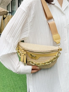 Beige woven chest bag for women with gold chain decoration and wide nylon strap
